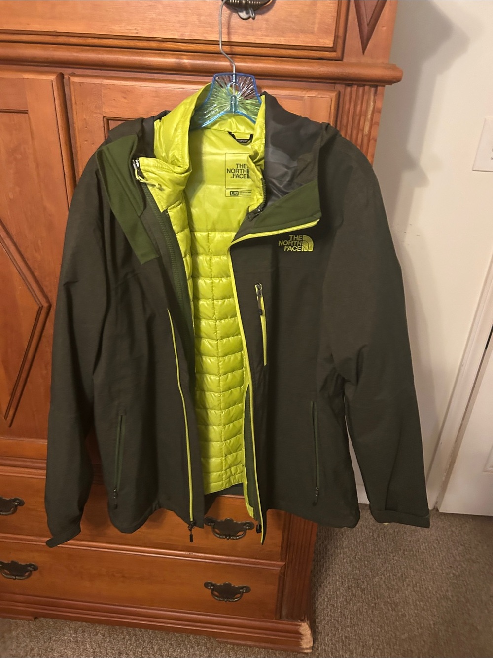 The North Face Men's Olive Green Shell with Lime Green Insulated Liner Puffer
